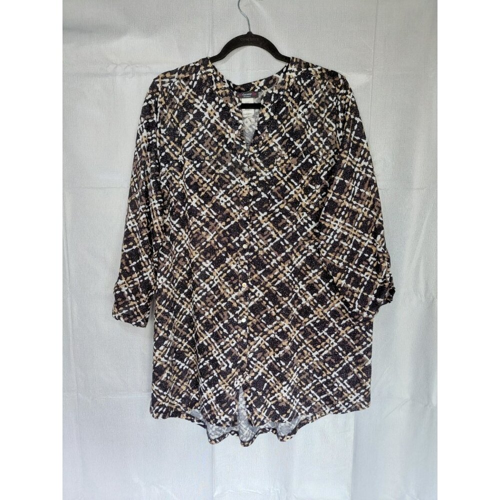 Cocomo Woman Button Up Shirt 2X Crosshatch Artsy Stretch Office Cinch Sleeve